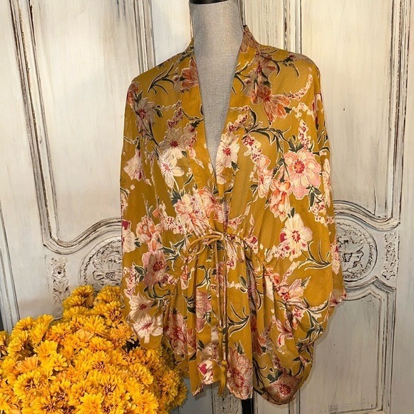Free People X Gold Floral Sheer Kimono Drawstring Waist Top Romantic Victorian - Picture 1 of 8